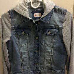 Denim Jacket With Grey Sleeves And Hood 