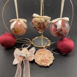 Vintage 7 Piece Victorian Angel, Santa, Roses Ornament Lot (only ornaments included in sale)