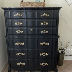 French Provincial Black Highboy Tall dresser and Wide dresser by Bassett