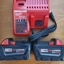BRAND NEW 2 Two Dos Milwaukee  Batteries 18 Volt 18v M18 M18 Red Lithium Extended Capacity XC5.0 XC 5ah 5 Ah Amp 5.0 Dual Charger M12 12 Volt 12v