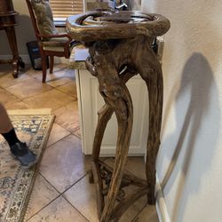 Varnished Driftwood Root Natural Organic Wood Pedestal Side End Table -  15” x 40”