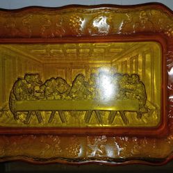 Vintage THE LAST SUPPER Amberina 11"x7" Tiara Glass Decorative Bread Tray Plate