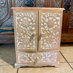 Hand-Carved Wooden Jewelry Cabinet Chest 14”