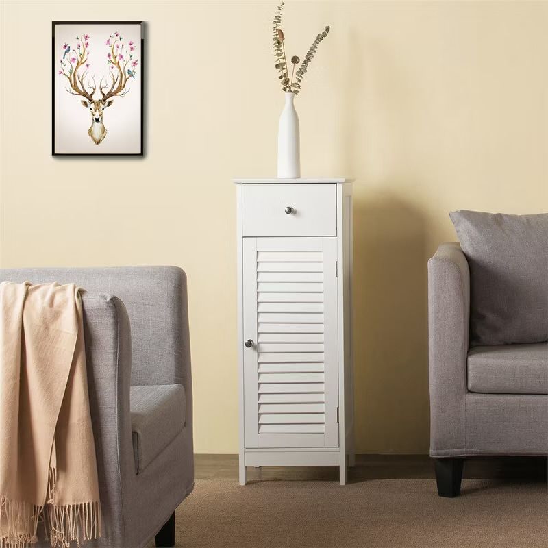 Bathroom Floor Storage Cabinet, Freestanding Side Table Storage Organizer Unit with Drawer and Single Shutter Door, D11.8xW12.6xH34.3 Inches