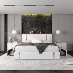 Full Size Barbuto PU Upholstered Storage Bed with Lighted Headboard, USB Ports and Drawers