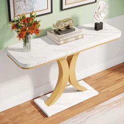 40 inch Small Entryway Table with Geometric Metal Base. White & Gold
