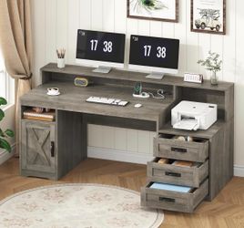 65'' Home Office Desk with Power Outlets, Storage Cabinet and Printer Stand, Study Writing Desks with Long Monitor Stand, Grey