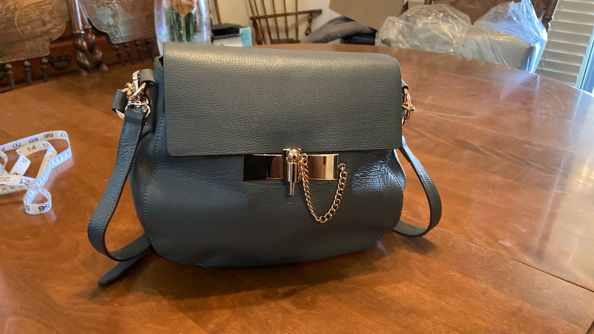 New Purse Real Leather Steele Blue Grey With Plastic Still On Inside Zipper And Label.  Est 12 Tall 10 Wide With Long And Short Straps For Multi Looks
