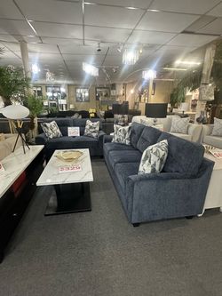 Navy Blue Fabric Sofa and Loveseat Set