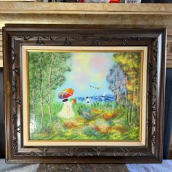 Original Enamel on Copper Painting “Summer Day” Signed Cardin w/ COA Framed 28x24