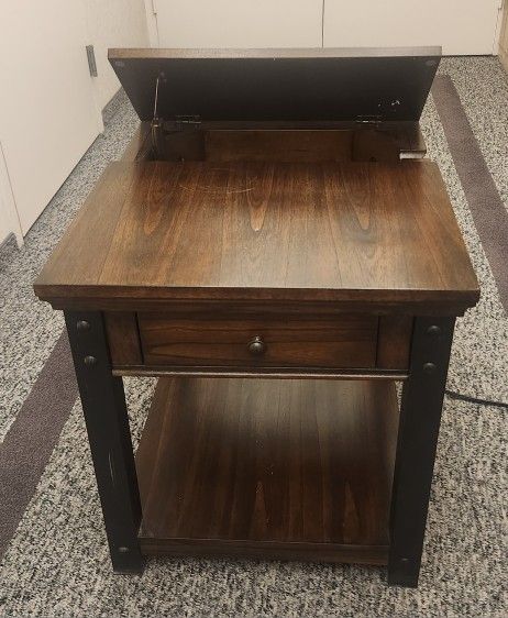 wood rectangular end table with built-in outlets in a dark cherry finish