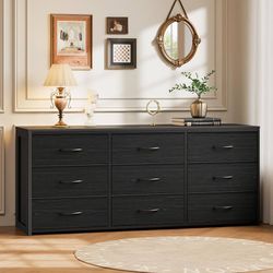 New 9 Drawer Dresser for Bedroom, Entertainment Center TV Stand for 75 Inch TV, 63” Long Black Dresser for Closet, Living Room, Fabric Drawer Organize