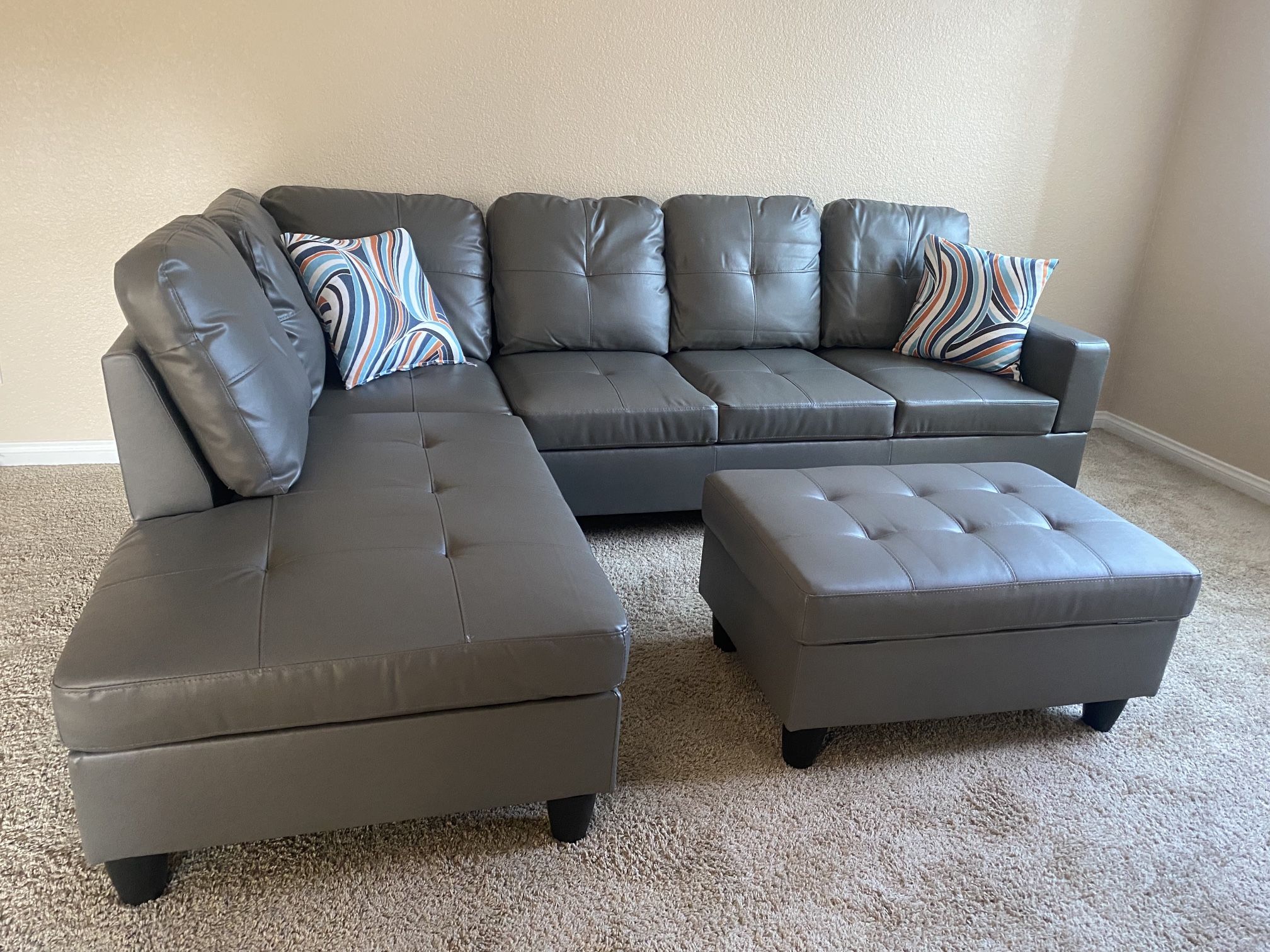 Dark Grey Sectional Couch Set w/ Ottoman (Right or Left Chaise) 