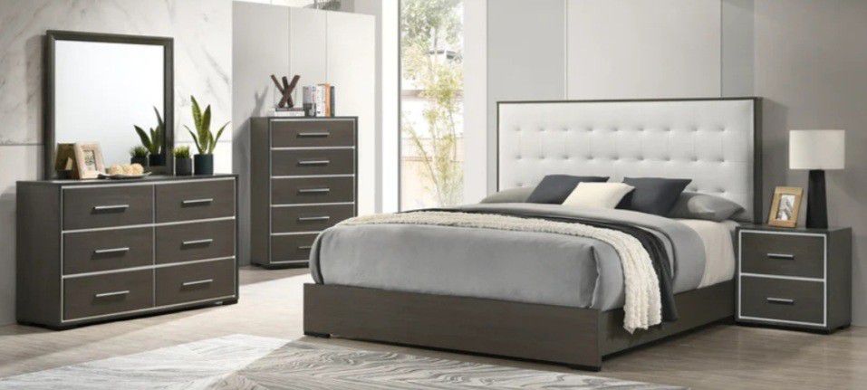 Sharpe Brown Upholstered Panel Bedroom Set
,
5-PIECE (BED, DRESSER, MIRROR, NIGHTSTAND AND CHEST)