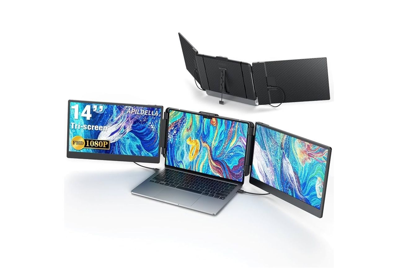 14’’ Triple Laptop Screen Extender, 1080P FHD Portable Dual Monitor for Laptop USB C HDMI, Plug-Play Laptop Monitor Extender