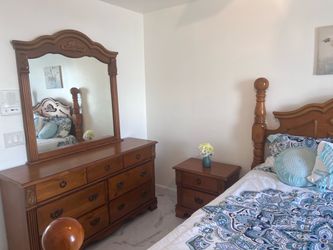 Used Wood Bedroom Set with Dresser, Mirror, and 2 Nightstands