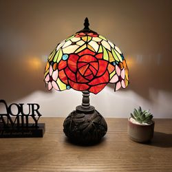 Tiffany Style Table Lamp Stained Glass Rose Flowers 15”H ET1003