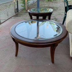 Very Sturdy Wooden And Glass Coffee Table With Side Table 