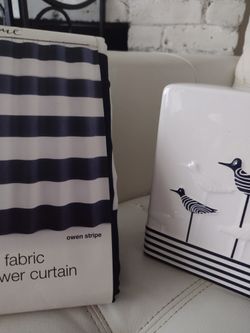 Brand New. navy Blue Shower Curtain And Square Ceramic Tissue Box