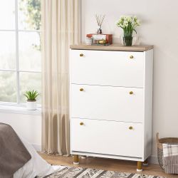 3 Drawer Shoe Cabinet, Freestanding Shoe Rack Storage Organizer with Flip Door, Modern Tipping Bucket Shoe Cabinet for Entryway, Hallway, Bedroom, Sma