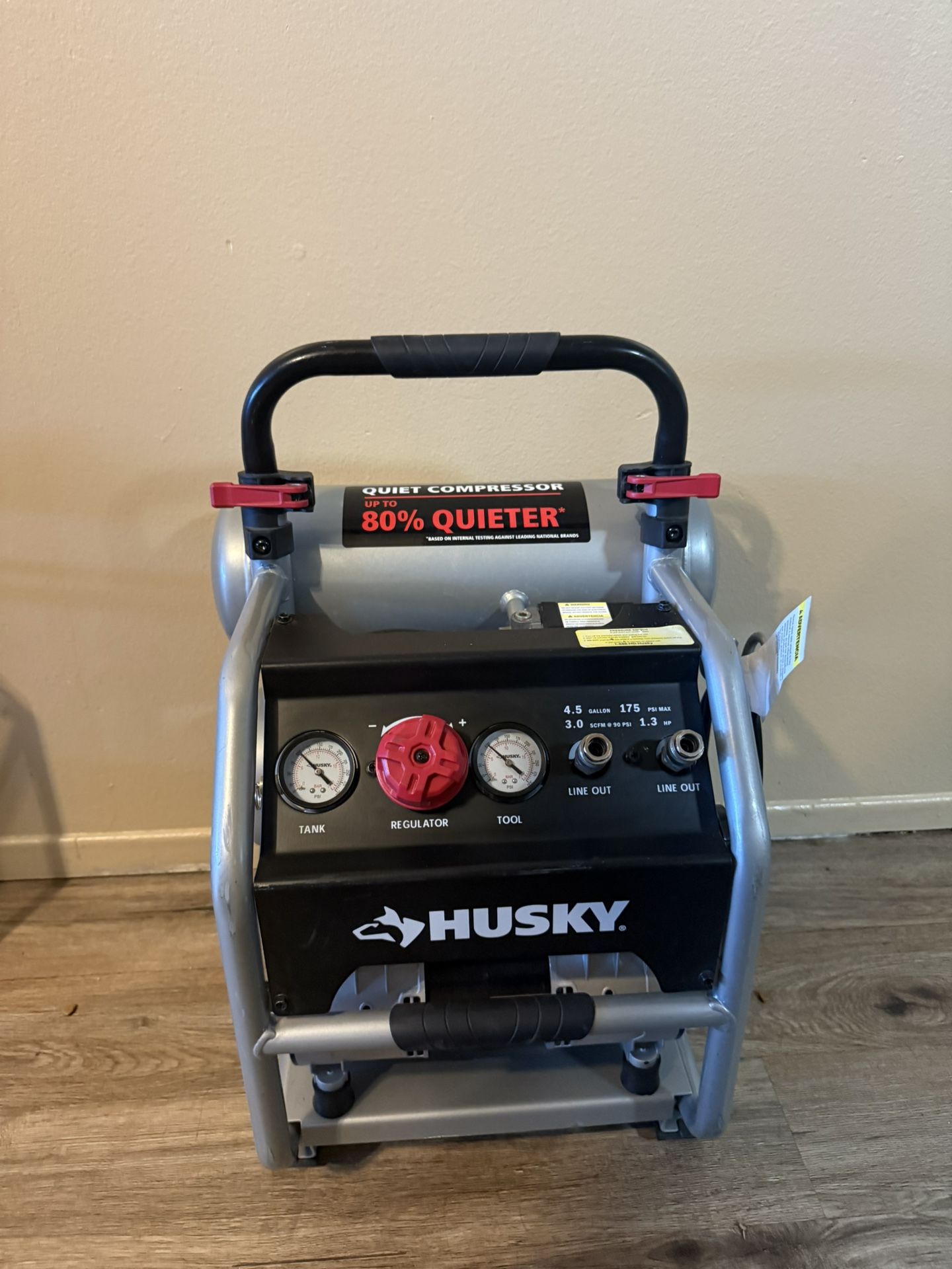 Husky 4.5 Gal. 175 PSI Portable Electric Oil-Free Quiet Twin Stack Jobsite Air Compressor w/Rubber Wheels and 2-Quick Couplers