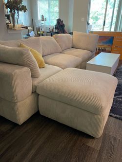 Modern Modular Sectional Sofa with Ottoman – Cream Corduroy