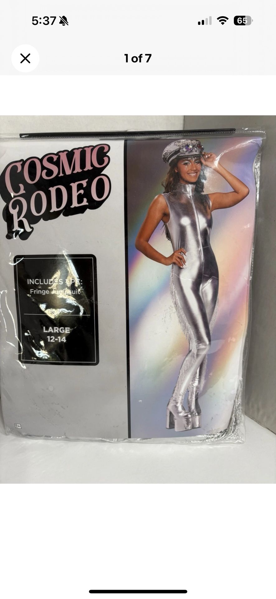  Cosmo Rodeo Fringe Jumpsuit Women’s Large (12-14) Grey Overall Halloween Costume, 1pc set jumpsuit metallic grey pullover zip up, new with tags