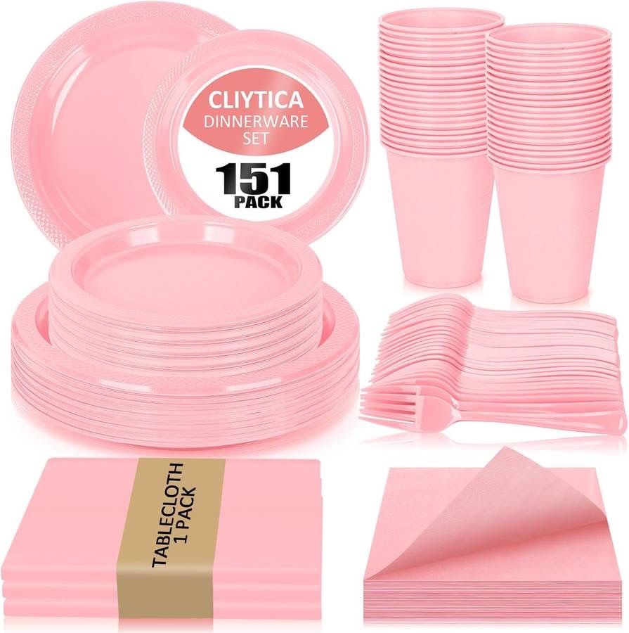 new 151 Pcs Pink Plastic Plates for Party,30 Guest Disposable Plastic Plates Set 9" Plates,7" Dessert Plate,Napkins,Cups,Forks & Tablecloth for Birthd