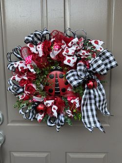Ladybug Decorative Wreath with Black & White Gingham Bow