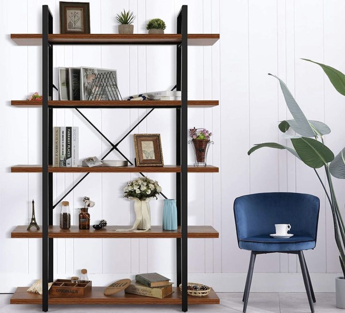 5 Tier Industrial Bookshelf, 6 Foot Tall Solid Etagere Bookcase, Free Standing Book Shelves for Living Room, Bedroom, Office, Open Display Shelving Un