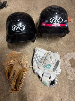 Baseball gloves and helmets.