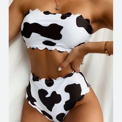 Cow Print Bandeau High Waist Two Piece Bikini Set