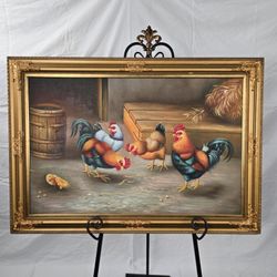Vintage Farmyard Chicken Oil Painting