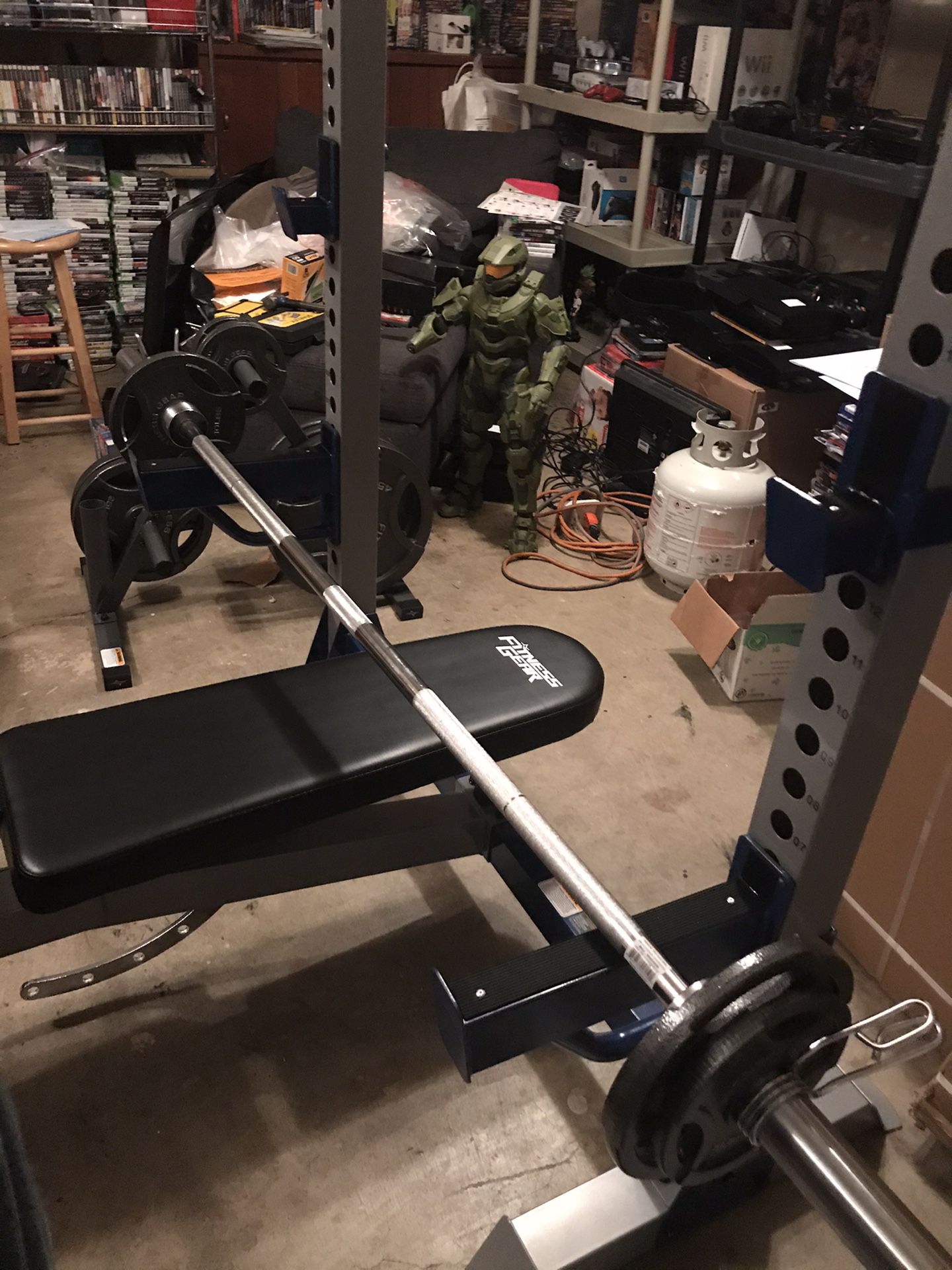 Fitness Gear Pro Olympic Weight Bench with Fitness Gear 300 lb. Olympic Weight Set and Fitness Gear Olympic Plate Tree