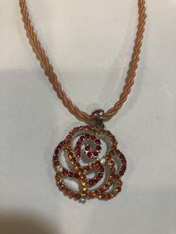 Pretty red orange jewels flower pendant orange cord necklace