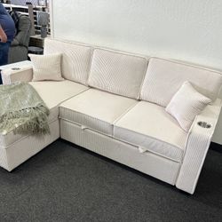Sleeper Sectional In Beige Corduroy With USB Ports 