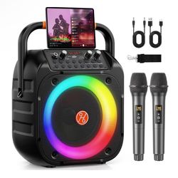 Karaoke Machine for Adults, Portable Bluetooth Karaoke with 2 Wireless Microphones, Echo Adjustment, LED Lights, PA System Karaoke Speaker Support TV