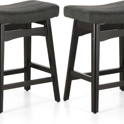 [ Set of 2] Black Counter Height Bar Stools for Kitchen Counter Solid Wood Legs with Faux Leather Saddle Seat Farmhouse Barstools for 34"-38" Counter 