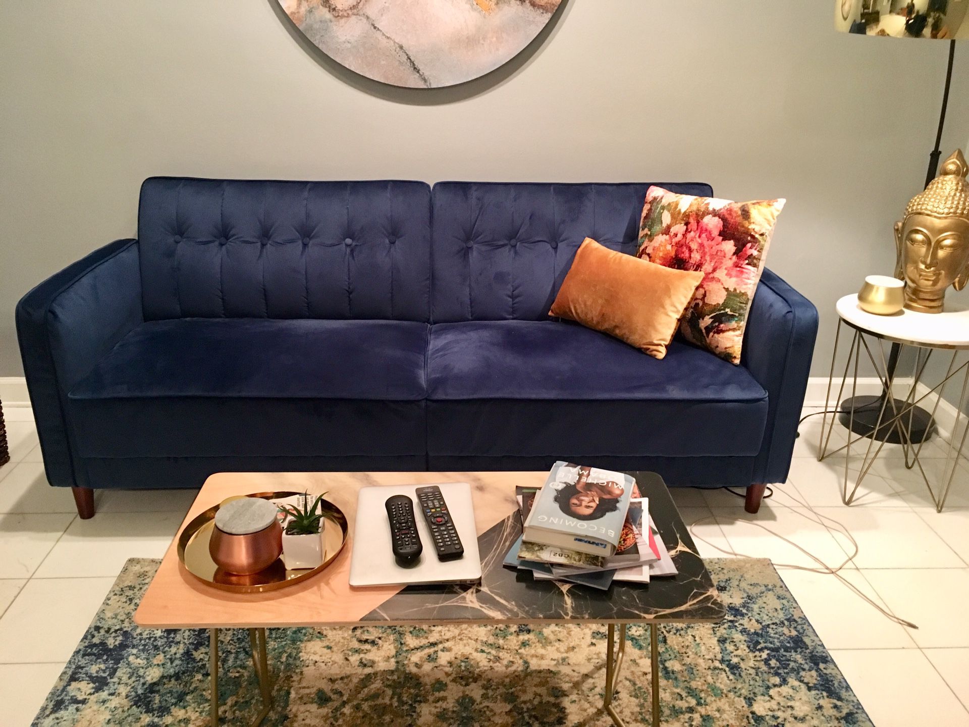 Beautiful Blue Velvet Convertible Sofa
