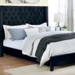 Queen Size Black Wingback Bed With Orthopedic Mattress 
