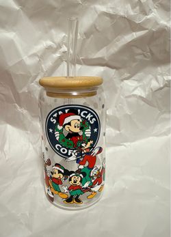 Disney Christmas Glass Can Cup with Bamboo Lid and Straw