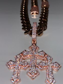 S925 Rose Gold Three Cross Cuban Link Chain Set with Moissanite Clasp