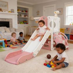 Slide, 6 in 1, Indoor Outdoor Baby Slide with Basketball Hoop, Telescope, Storage Space and Non-Slip Steps, NEW