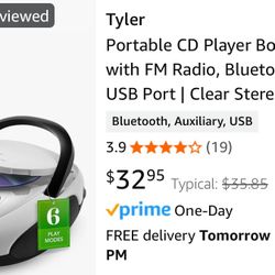 Portable CD Player Boombox with FM Radio, Bluetooth, and USB Port 