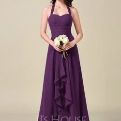 A-Line Halter Sweep Train Chiffon Bridesmaid Dress With Bow(s) Cascading Ruffles