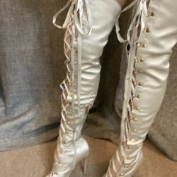 Silky Lace Up Stiletto Thigh High Boots 