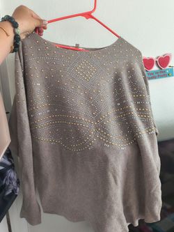 Liquido Taupe Crewneck Sweater with Gold & Silver Studs