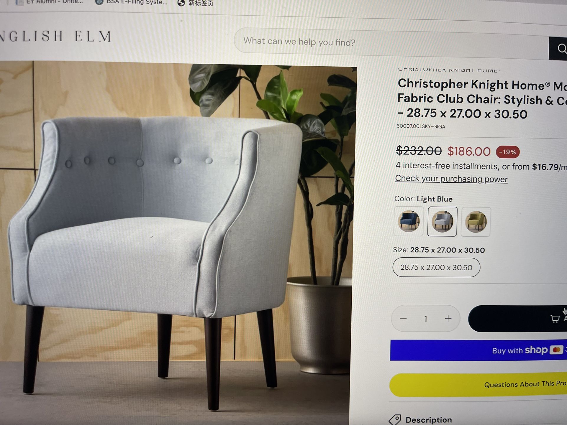 Modern Button-tufted Fabric club Chair- Light Blue