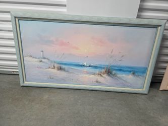 Seascape Painting with Lighthouse by S. Thompson