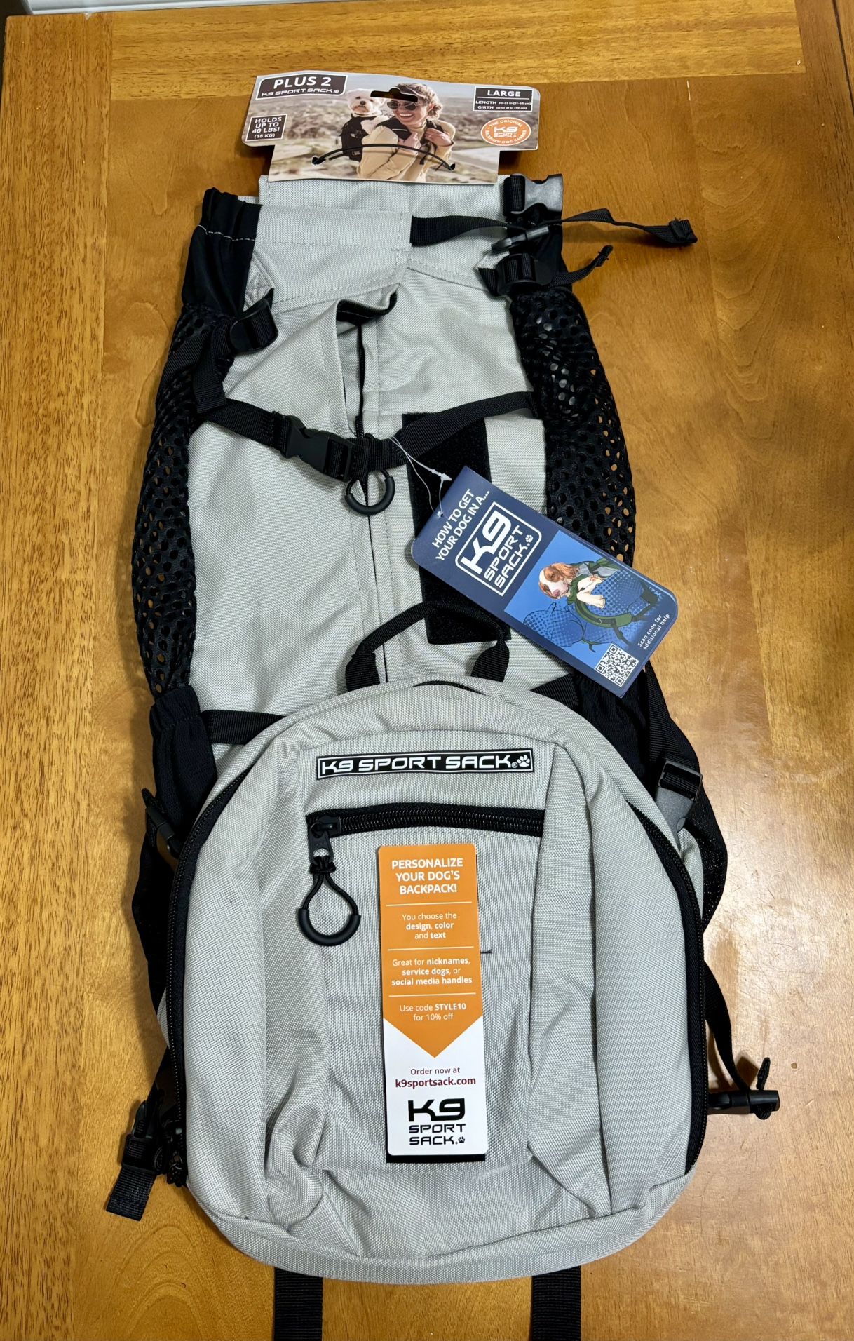 K9 Sport Sack PLUS 2 Dog Carrier Backpack — Large — Light Gray (NEW w/ tags)